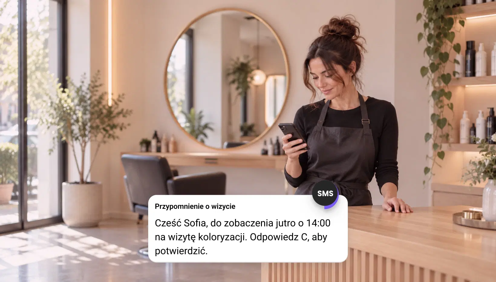 Właścicielka salonu czytająca na telefonie przypomnienie SMS o wizycie