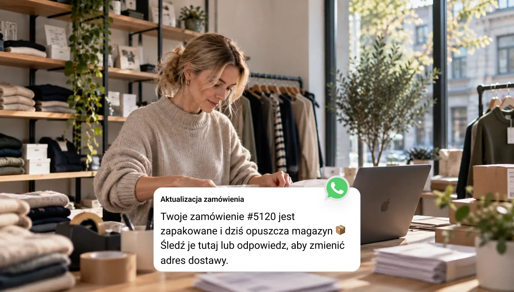 Klientka sklepu internetowego otwierająca na telefonie wiadomość kampanii WhatsApp