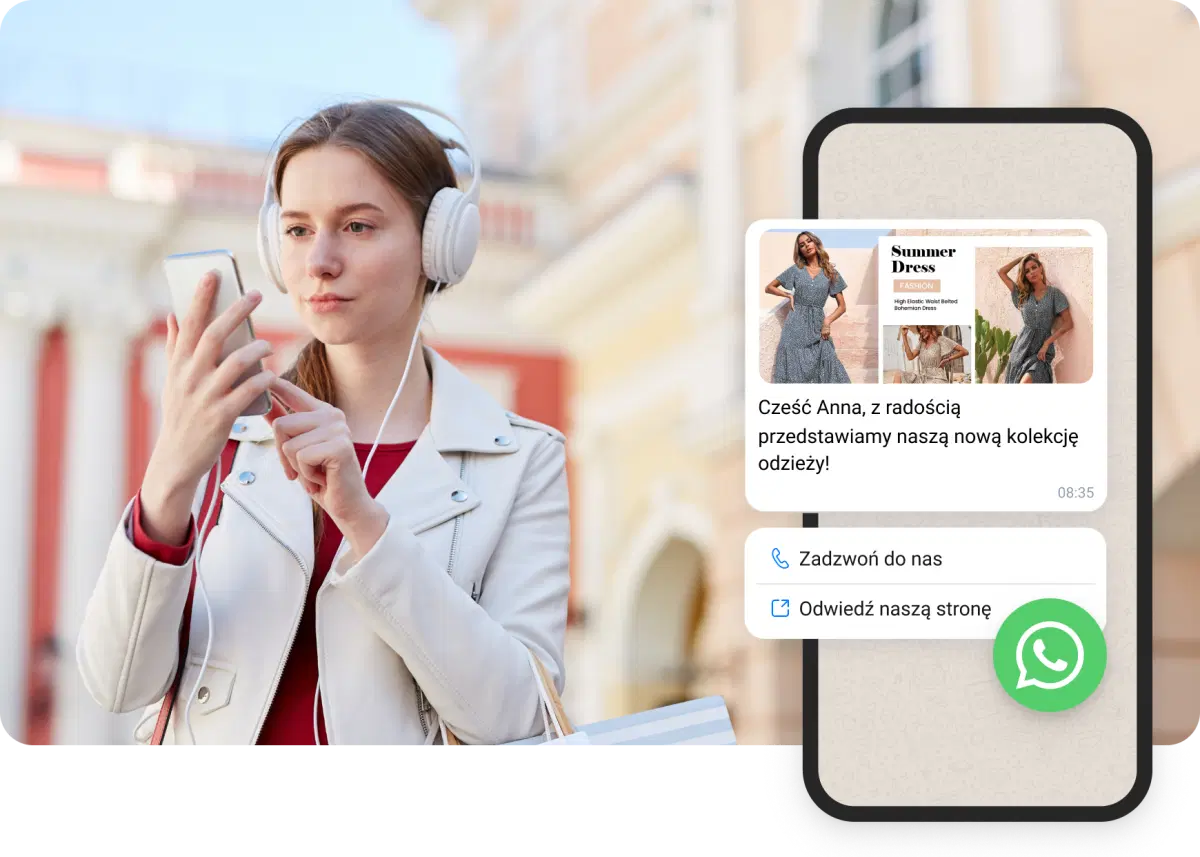 Dziewczyna z białymi słuchawkami czyta wiadomości WhatsApp otrzymane z e-commerce