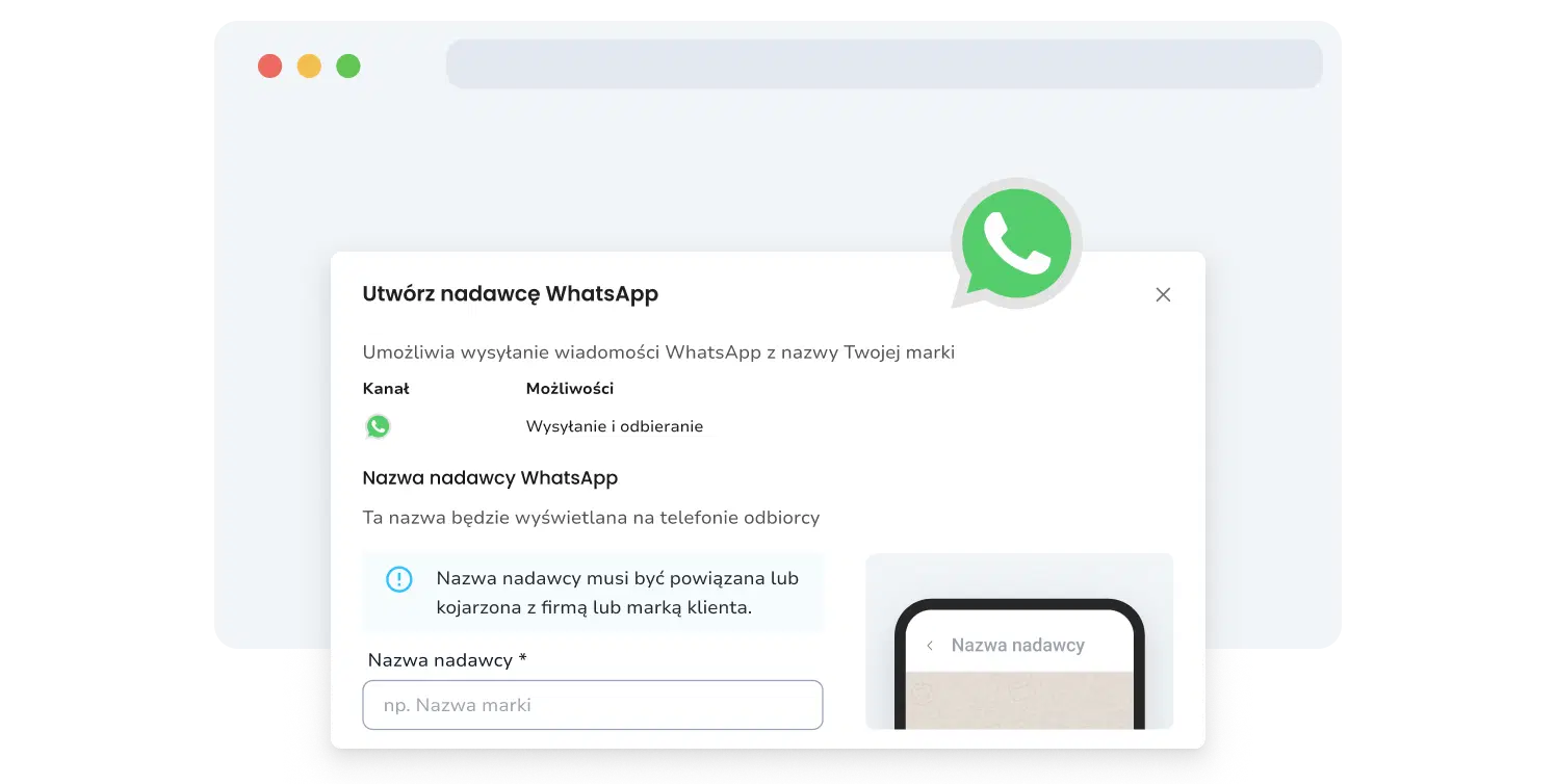 Zrzut ekranu strony przesyłania nadawcy WhatsApp w TopMessage