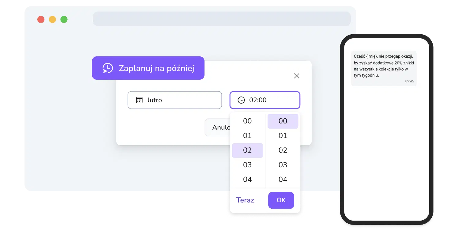 Zrzut ekranu strony kampanii SMS TopMessage z funkcją harmonogramu.
