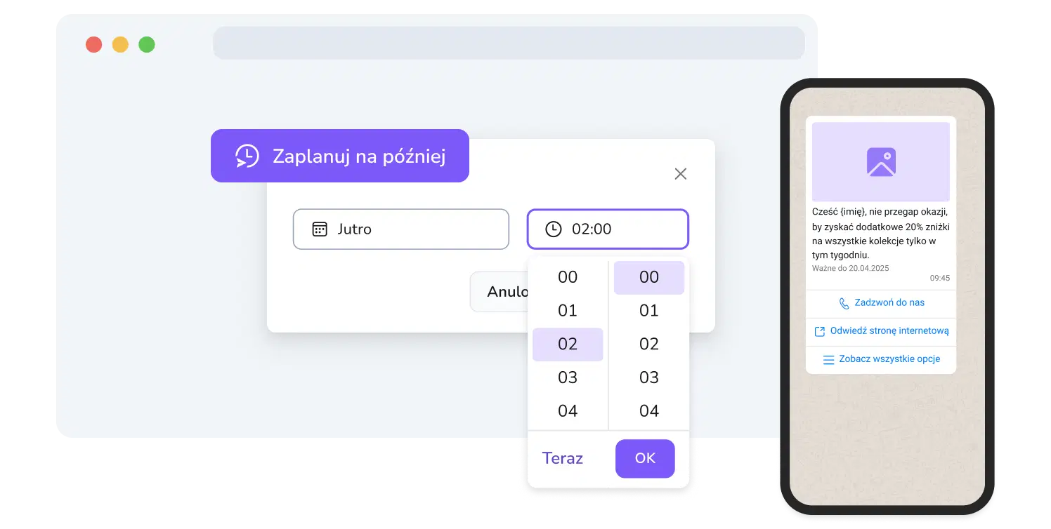 Zrzut ekranu strony kampanii WhatsApp w TopMessage z funkcją planowania