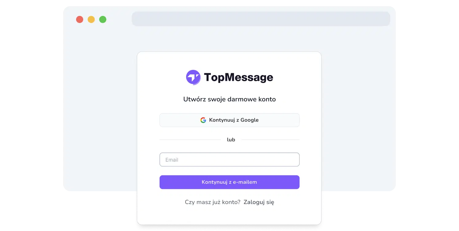 Zrzut ekranu strony rejestracyjnej TopMessage