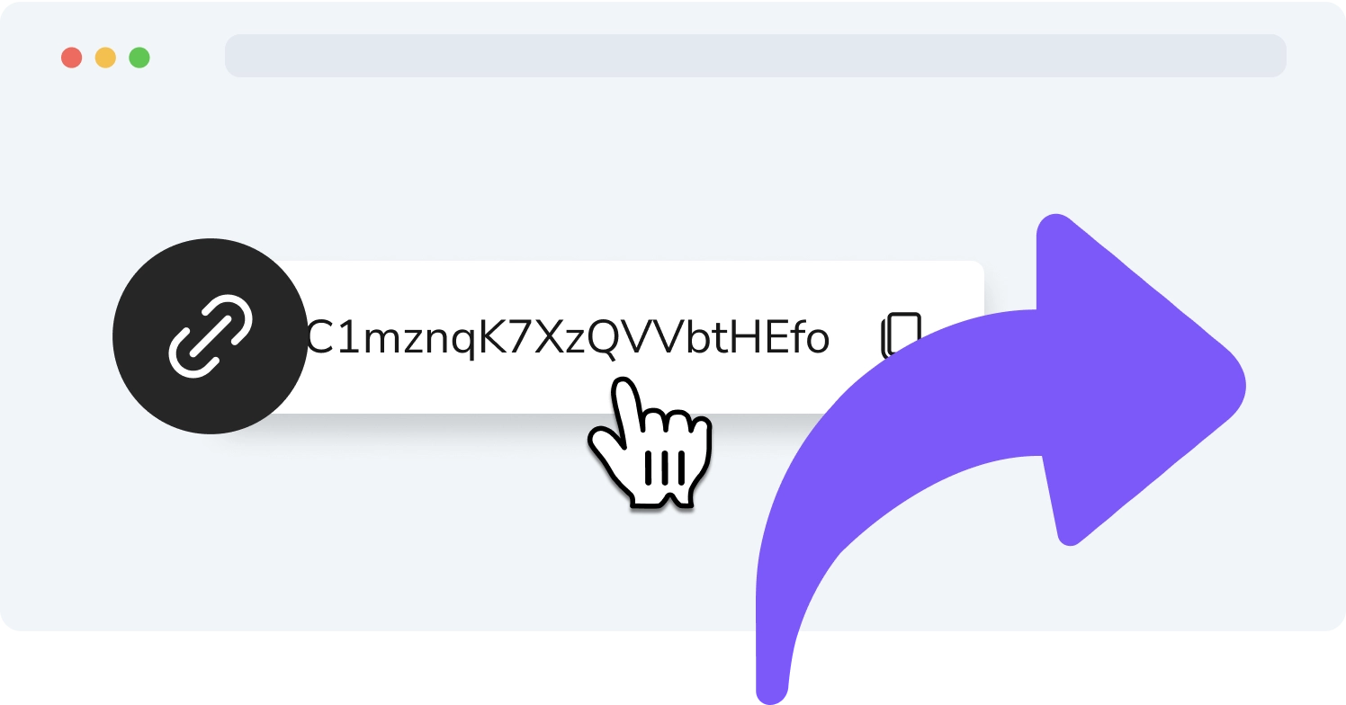 Ikona programu partnerskiego z kursorem w kształcie dłoni klikającym na link i fioletową strzałką, symbolizującą udostępnianie linku.