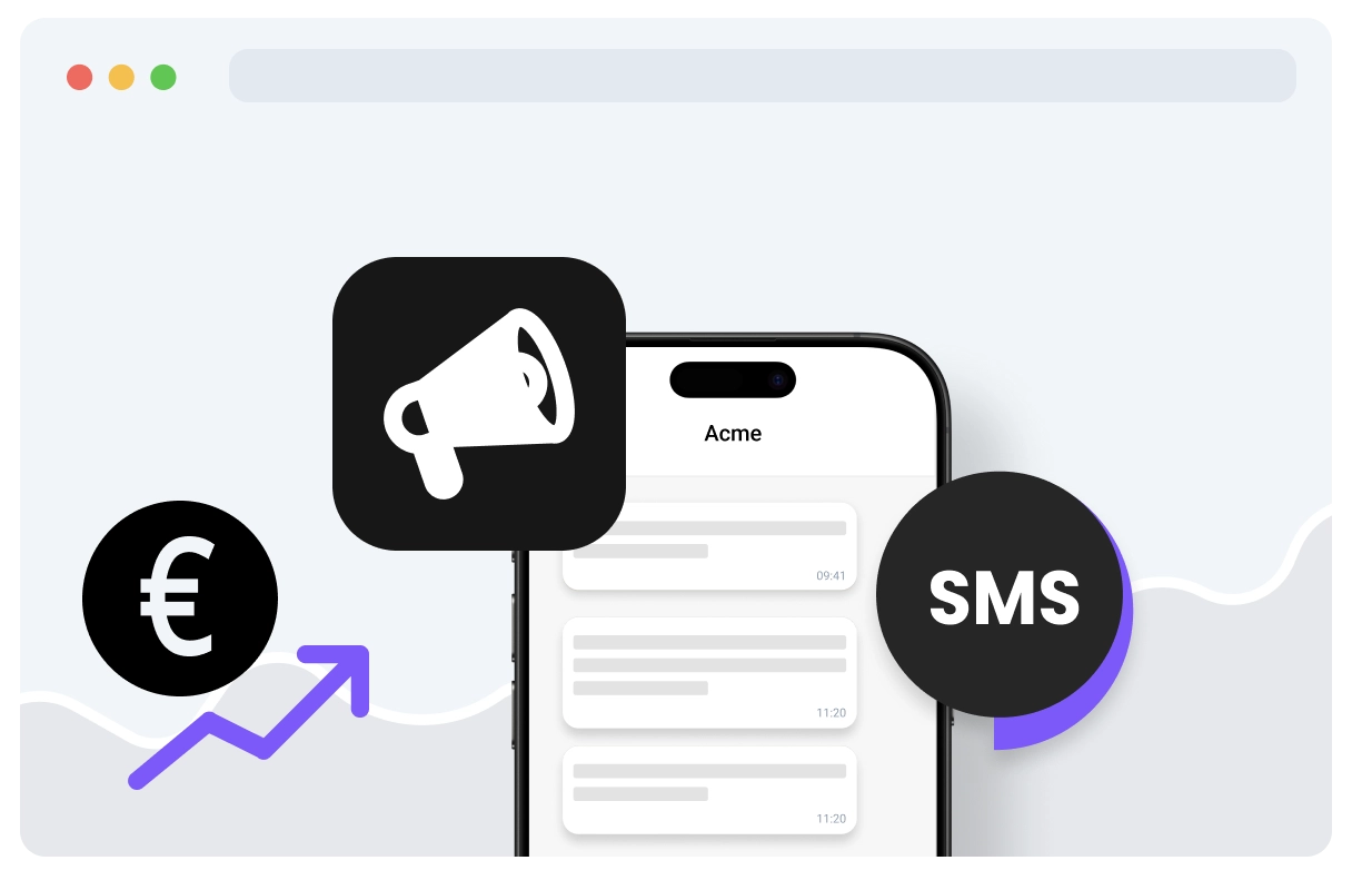 Smartfon z ikonami SMS i megafonu, symbolem euro i strzałką w górę, symbolizującymi marketing SMS i wzrost przychodów.