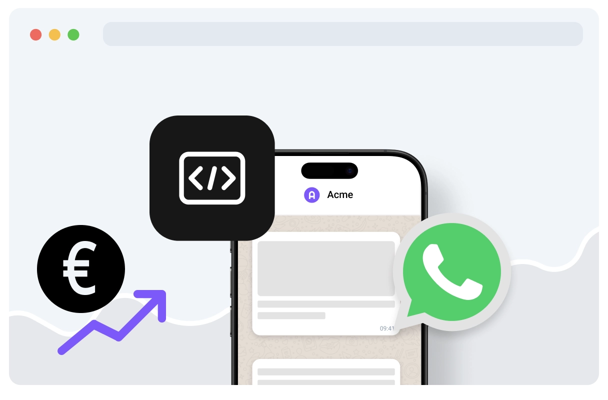 Smartfon z ikonami WhatsApp i kodowania, symbolem euro i strzałką w górę, symbolizującymi integrację WhatsApp i zarobki dla programistów.