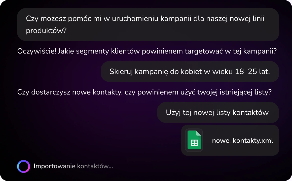 Zrzut ekranu interfejsu TopAgent od TopMessage proszącego użytkownika o podanie informacji w celu automatycznego tworzenia kampanii, w tym pól dla celów kampanii, odbiorców i preferencji dotyczących wiadomości