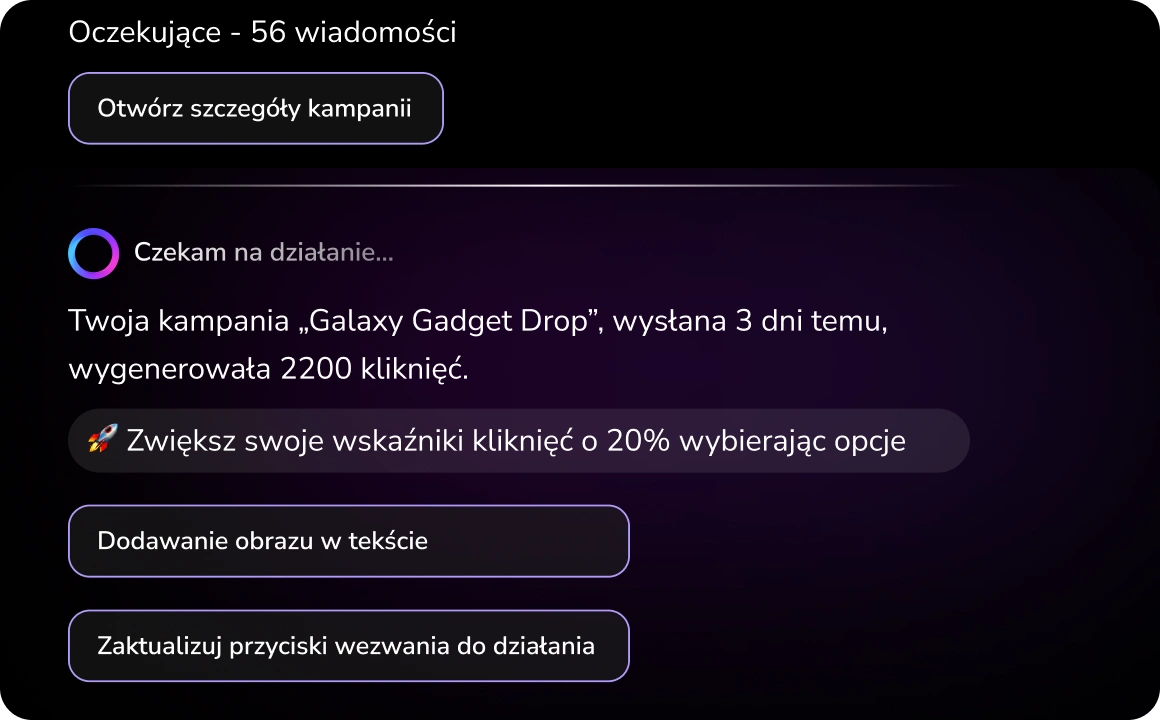 Zrzut ekranu interfejsu TopMessage pokazujący oparte na AI rekomendacje do automatycznej poprawy zaangażowania klientów.