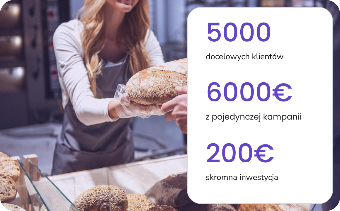 Dziewczyna sprzedaje świeży chleb w małej piekarni, korzystając z TopMessage do komunikacji z klientami.