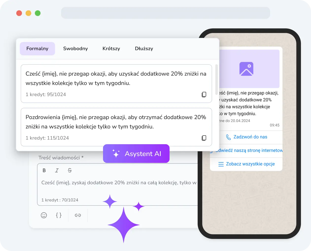 Ekran telefonu pokazujący TopMessage AI generujący inteligentne sugestie odpowiedzi na wiadomości przychodzące od klientów w WhatsApp, wysyłane jednym dotknięciem.