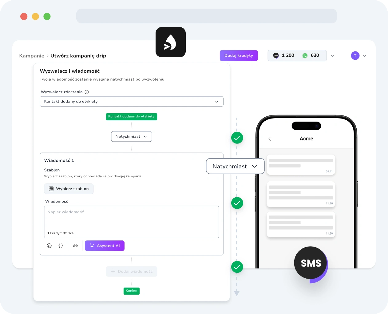 Zrzut ekranu interfejsu kampanii drip SMS w TopMessage.
