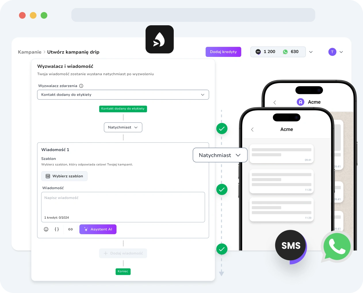 Zrzut ekranu interfejsu kampanii drip TopMessage.