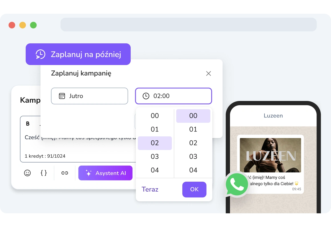 Zrzut ekranu zaplanowanych wiadomości WhatsApp w TopMessage.