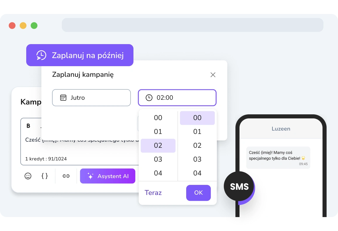 Zrzut ekranu zaplanowanych wiadomości SMS i WhatsApp w TopMessage.