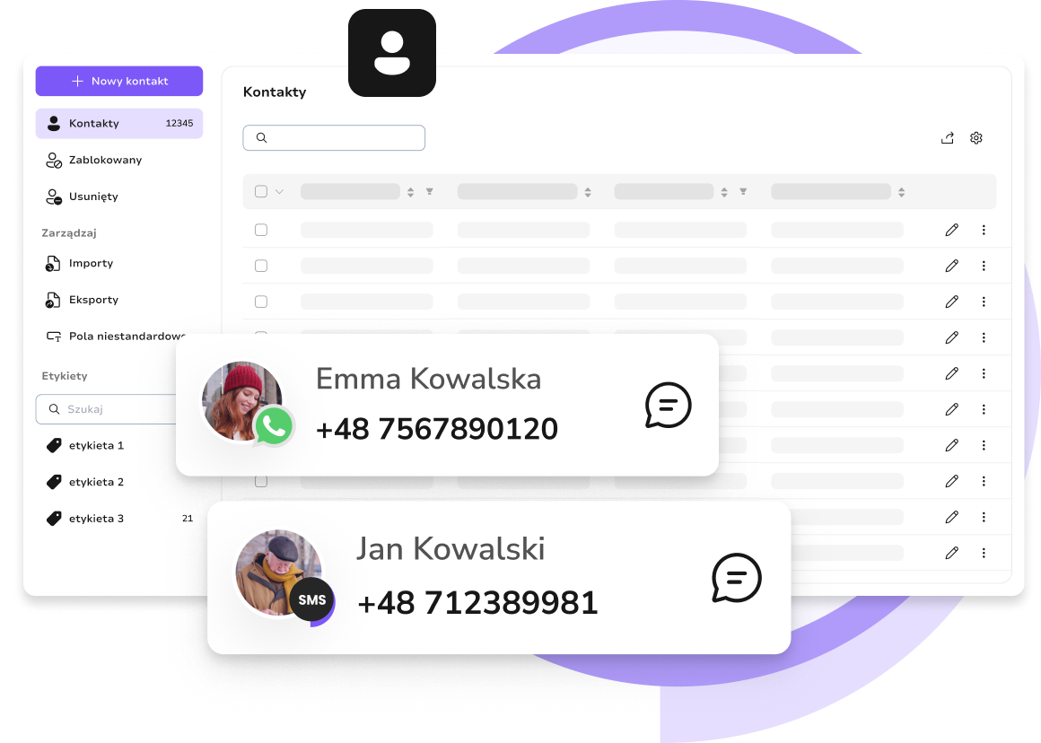 Interfejs zarządzania kontaktami TopMessage umożliwiający dodawanie, segmentację i eksportowanie kontaktów na potrzeby kampanii SMS i WhatsApp