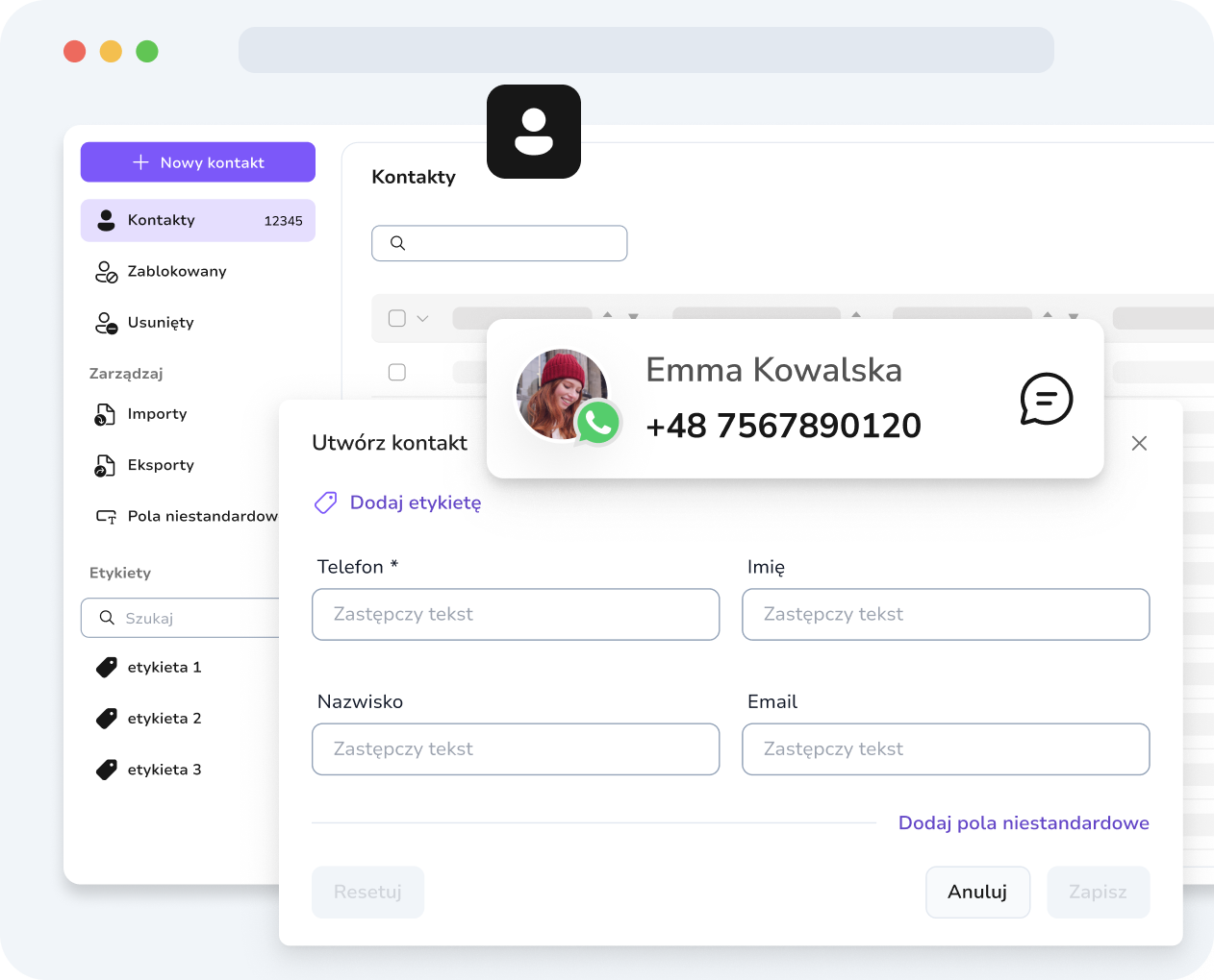Zarządzanie kontaktami TopMessage z polami niestandardowymi umożliwiającymi personalizację wiadomości WhatsApp