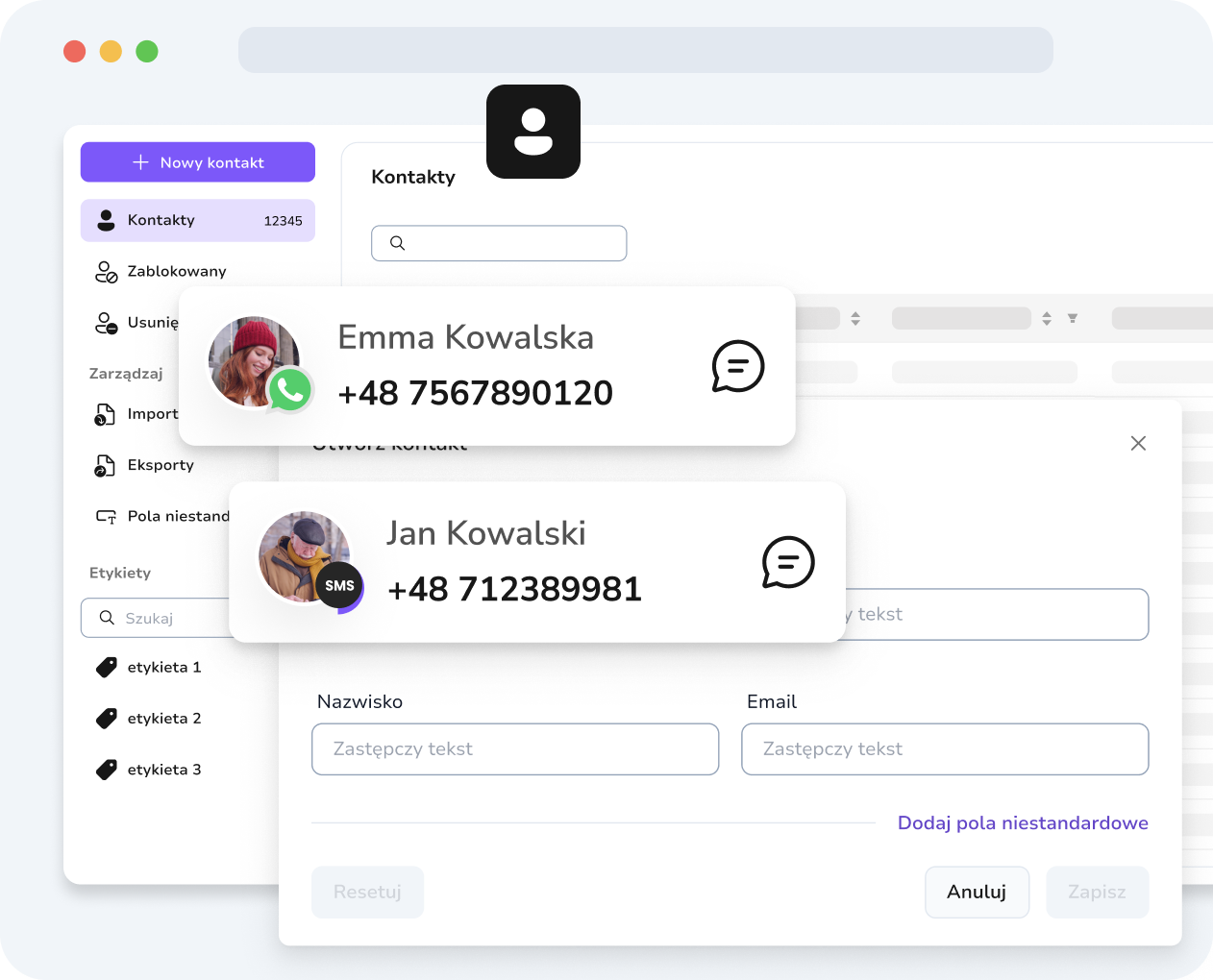 Zarządzanie kontaktami TopMessage z polami niestandardowymi umożliwiającymi personalizację wiadomości SMS i WhatsApp