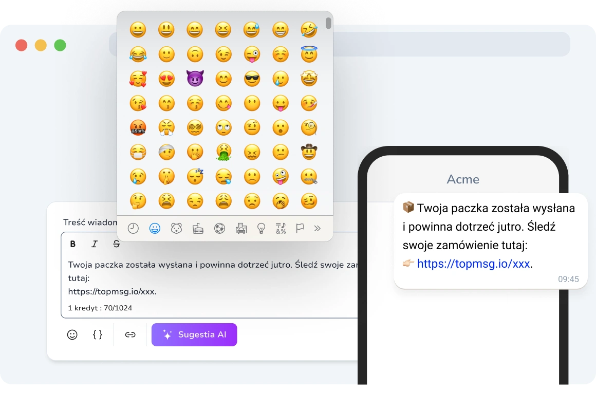 Rozmowa na czacie na smartfonie zawierająca emotikony, takie jak buźki, kciuki w górę i gesty dłoni, dodające osobowości i zaangażowania.