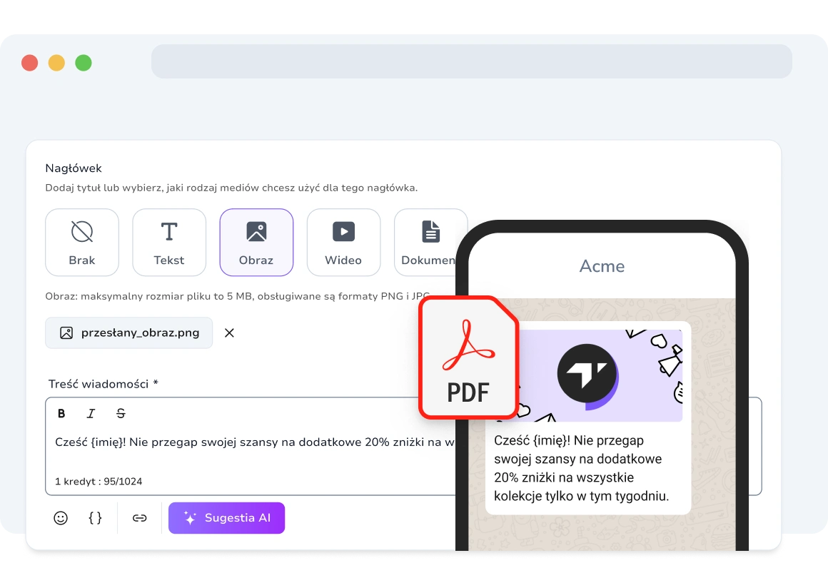 Użytkownik otrzymujący obraz, film, dźwięk i plik PDF za pośrednictwem wiadomości tekstowej, co ukazuje wzbogacone treści multimedialne dla wyższego zaangażowania.