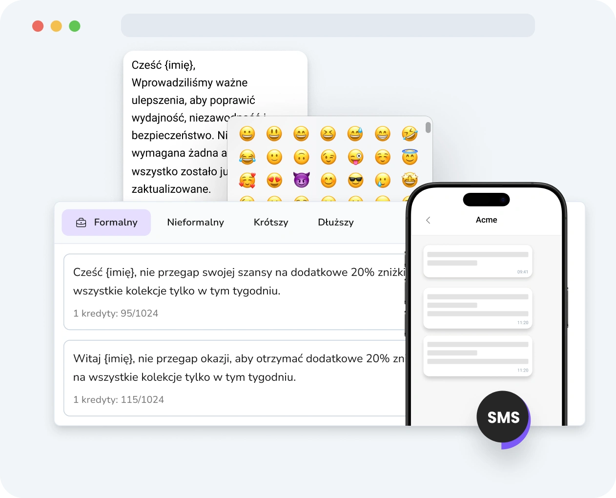 Zrzut ekranu interfejsu TopMessage pokazujący narzędzie do wzbogaconych SMS-ów z opcjami personalizacji i metrykami wydajności.