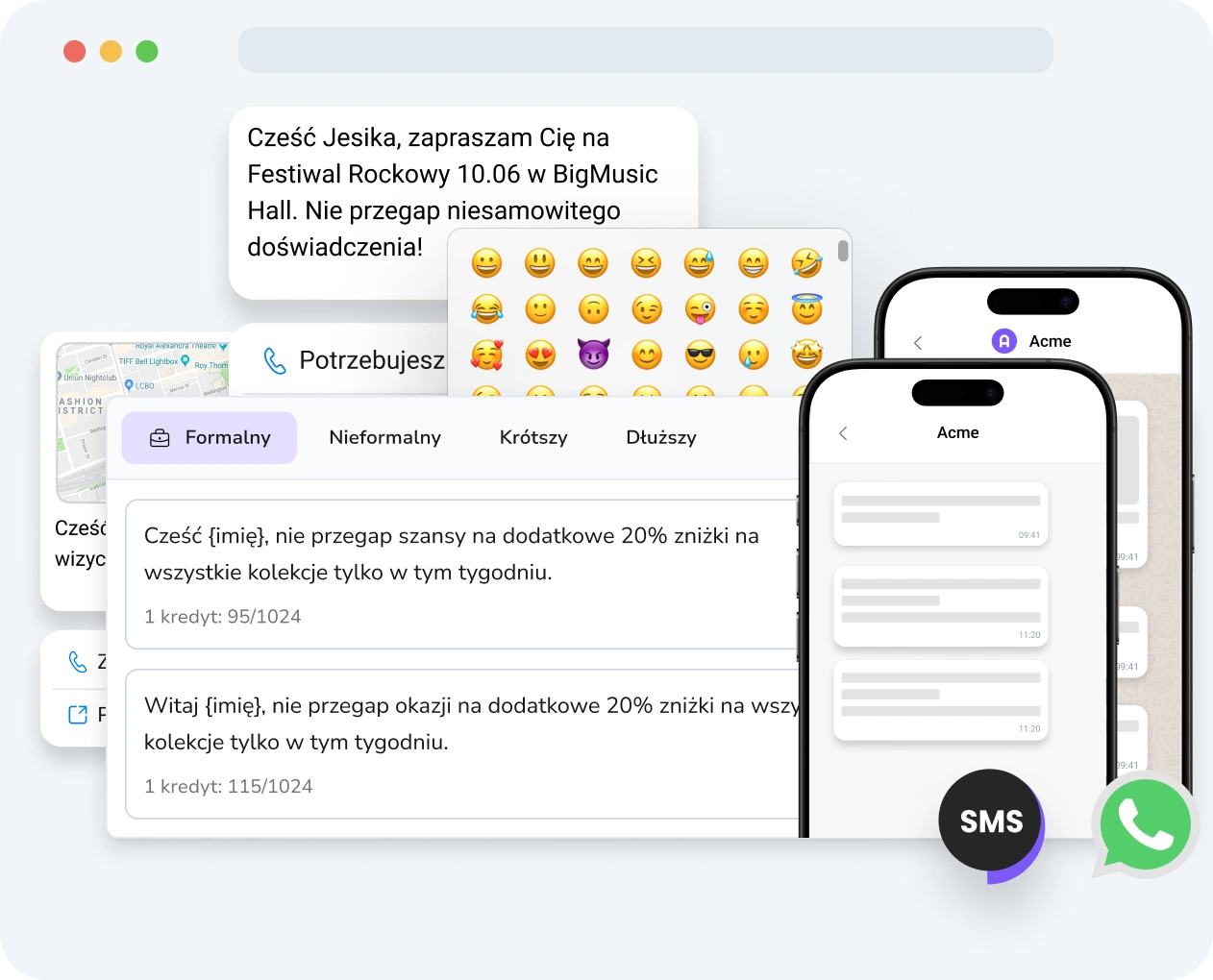 Zrzut ekranu interfejsu TopMessage pokazujący narzędzie do przesyłania wzbogaconych wiadomości z zawartością multimedialną, opcjami personalizacji i metrykami wydajności.