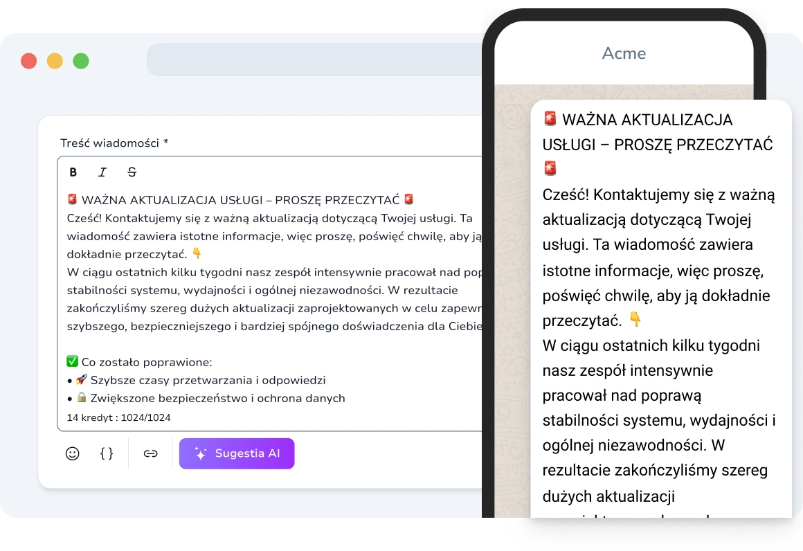 Telefon pokazujący długi SMS o długości ponad 1024 znaków, dostarczający kompletną treść w pojedynczej, wzbogaconej wiadomości.