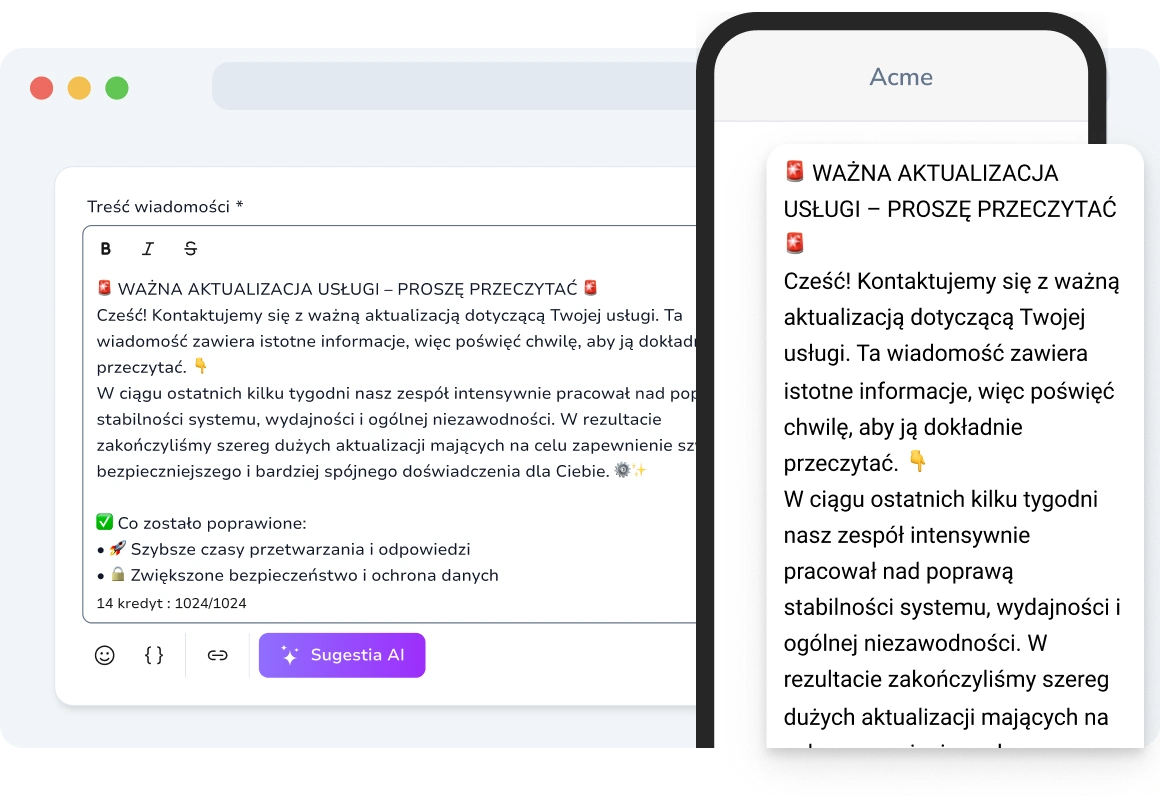 Wyświetlanie długiego SMS-a do 1024 znaków, dostarczającego kompletną informację w jednej wiadomości bez dzielenia treści.