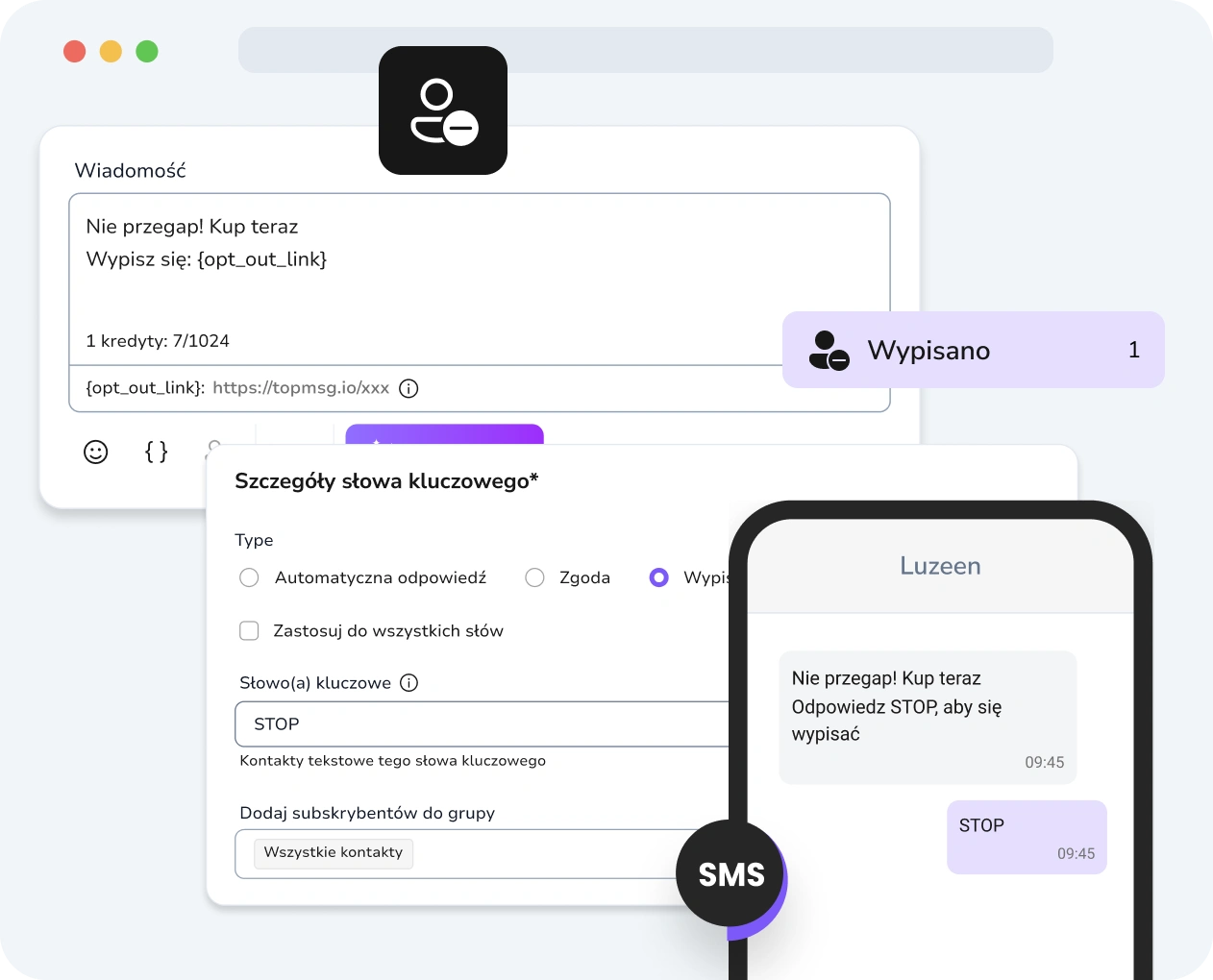 Zrzut ekranu interfejsu kampanii drip TopMessage z wyraźnie wyświetlonymi opcjami rezygnacji.