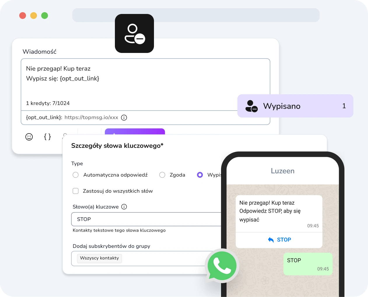 Zrzut ekranu interfejsu kampanii drip WhatsApp w TopMessage z wyraźnie wyświetlonymi opcjami rezygnacji.