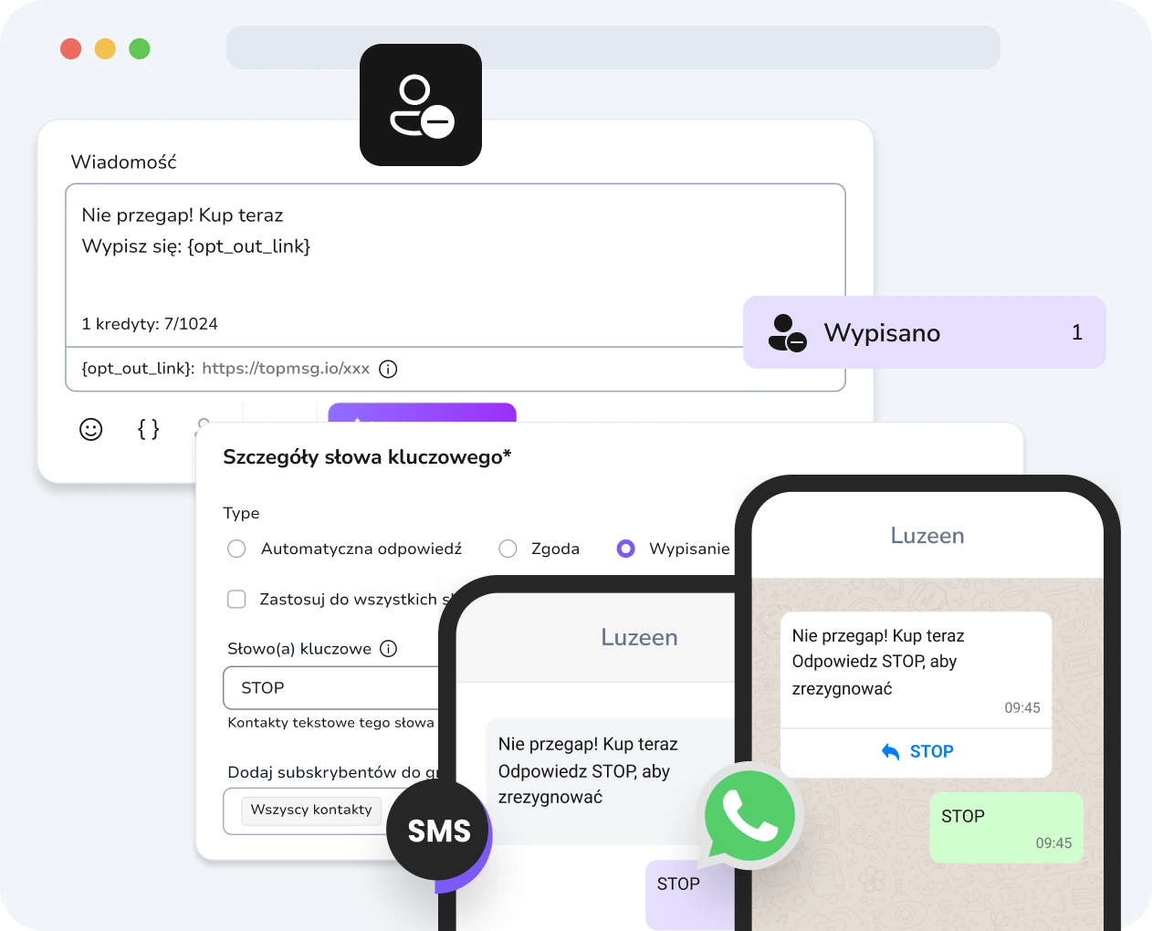 Zrzut ekranu interfejsu kampanii drip w TopMessage z wyraźnie wyświetlonymi opcjami rezygnacji.