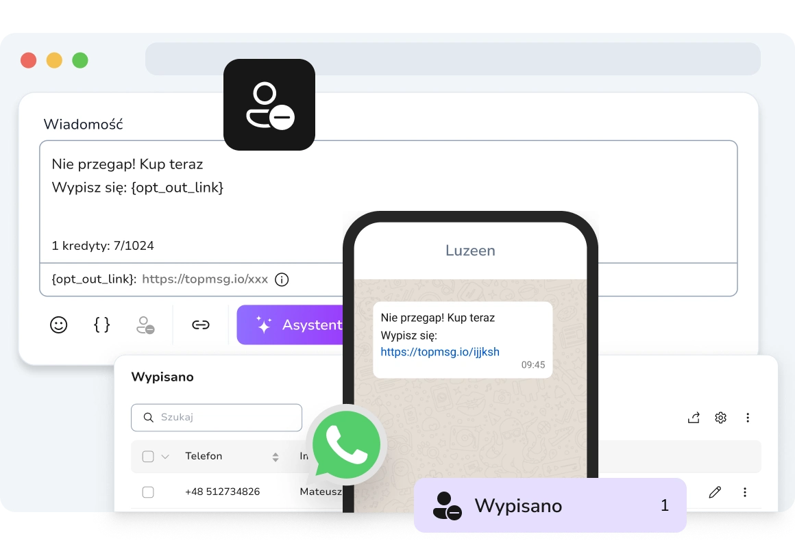 Pokazywanie wiadomości WhatsApp z klikalnym linkiem rezygnacji, pozwalającym odbiorcy na anulowanie subskrypcji i dodanie go do listy wypisanych kontaktów.