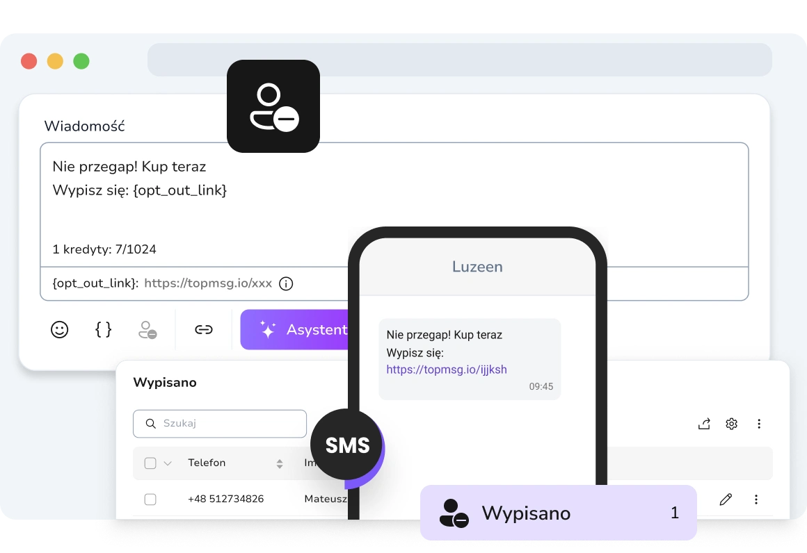 Pokazywanie wiadomości SMS z klikalnym linkiem rezygnacji, pozwalającym odbiorcy na anulowanie subskrypcji i dodanie go do listy wypisanych kontaktów.