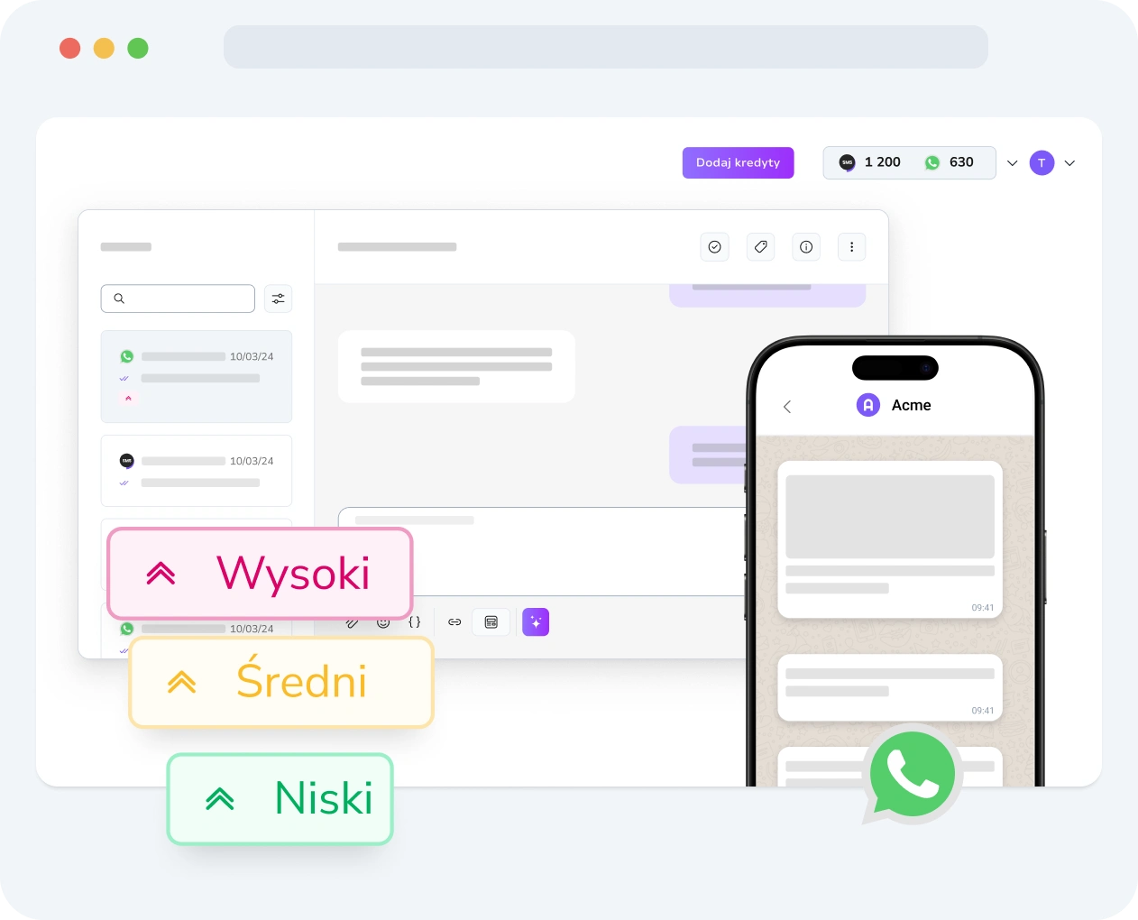 Interfejs wyświetlający ustawienia priorytetów wiadomości WhatsApp i metryki wydajności w TopMessage.