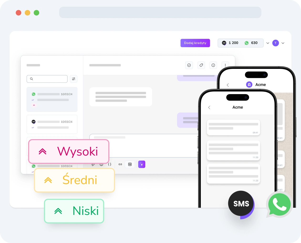 Zrzut ekranu interfejsu TopMessage wyświetlający konfigurację priorytetów wiadomości i metryki wydajności.