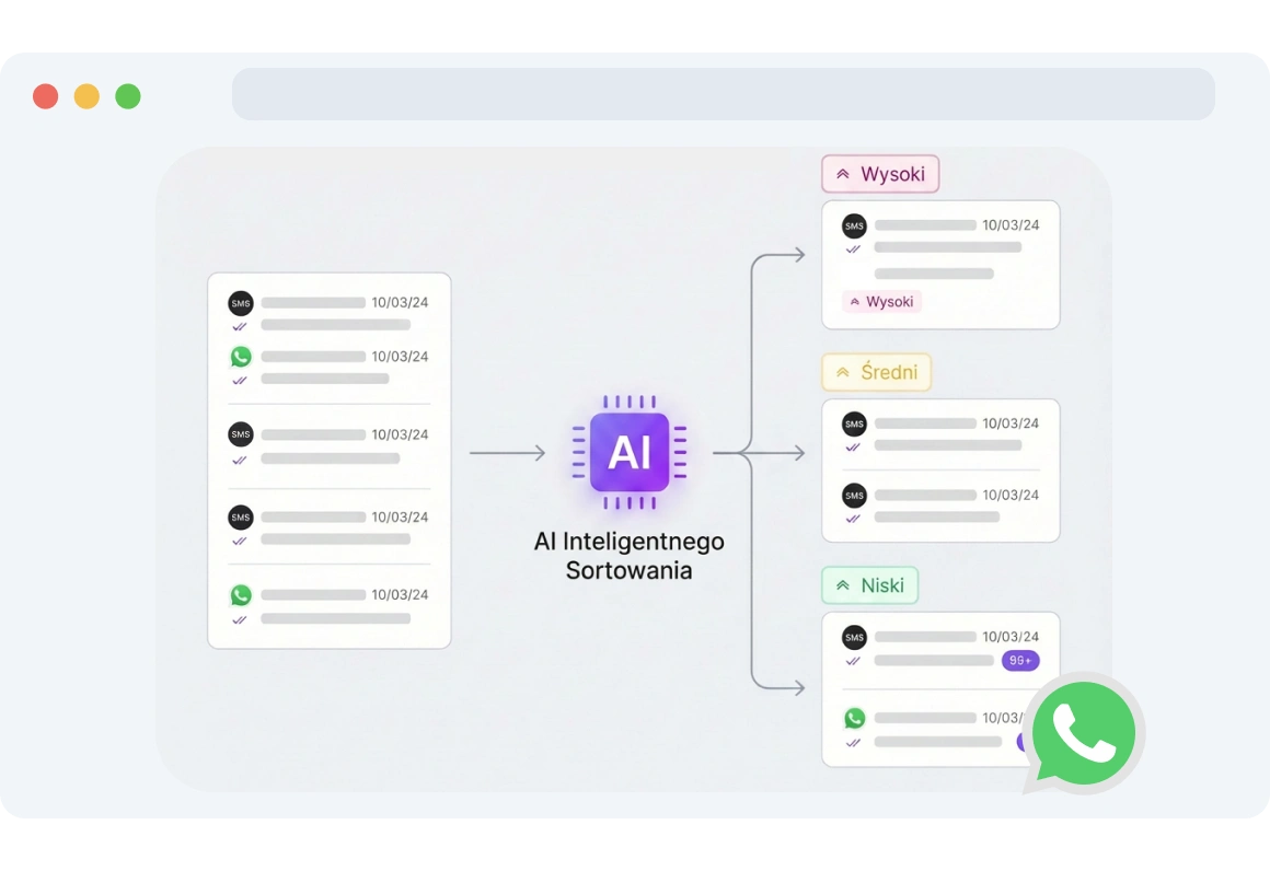 Użytkownik zarządzający wieloma czatami w TopMessage, z rozmowami posortowanymi według ważności.