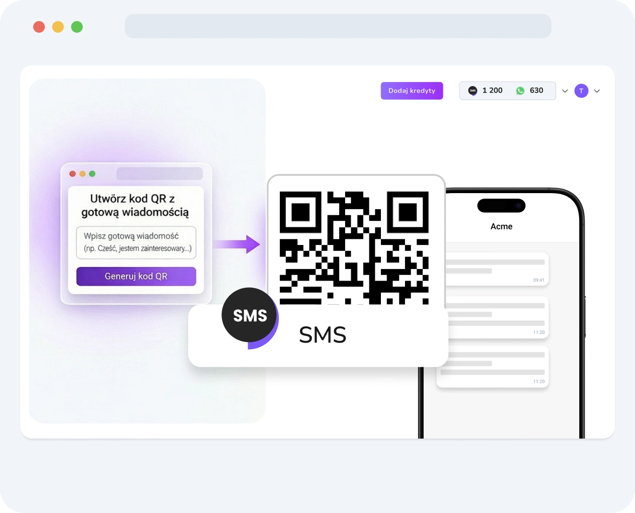 Zrzut ekranu interfejsu TopMessage wyświetlający narzędzie do tworzenia kodów QR SMS z opcjami personalizacji i metrykami wydajności.