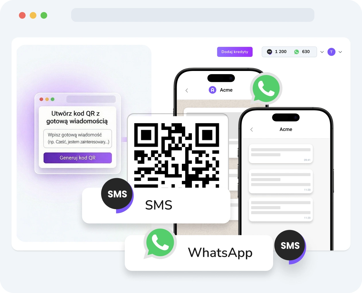 Zrzut ekranu interfejsu TopMessage wyświetlający narzędzie do tworzenia kodów QR z opcjami personalizacji i metrykami wydajności.