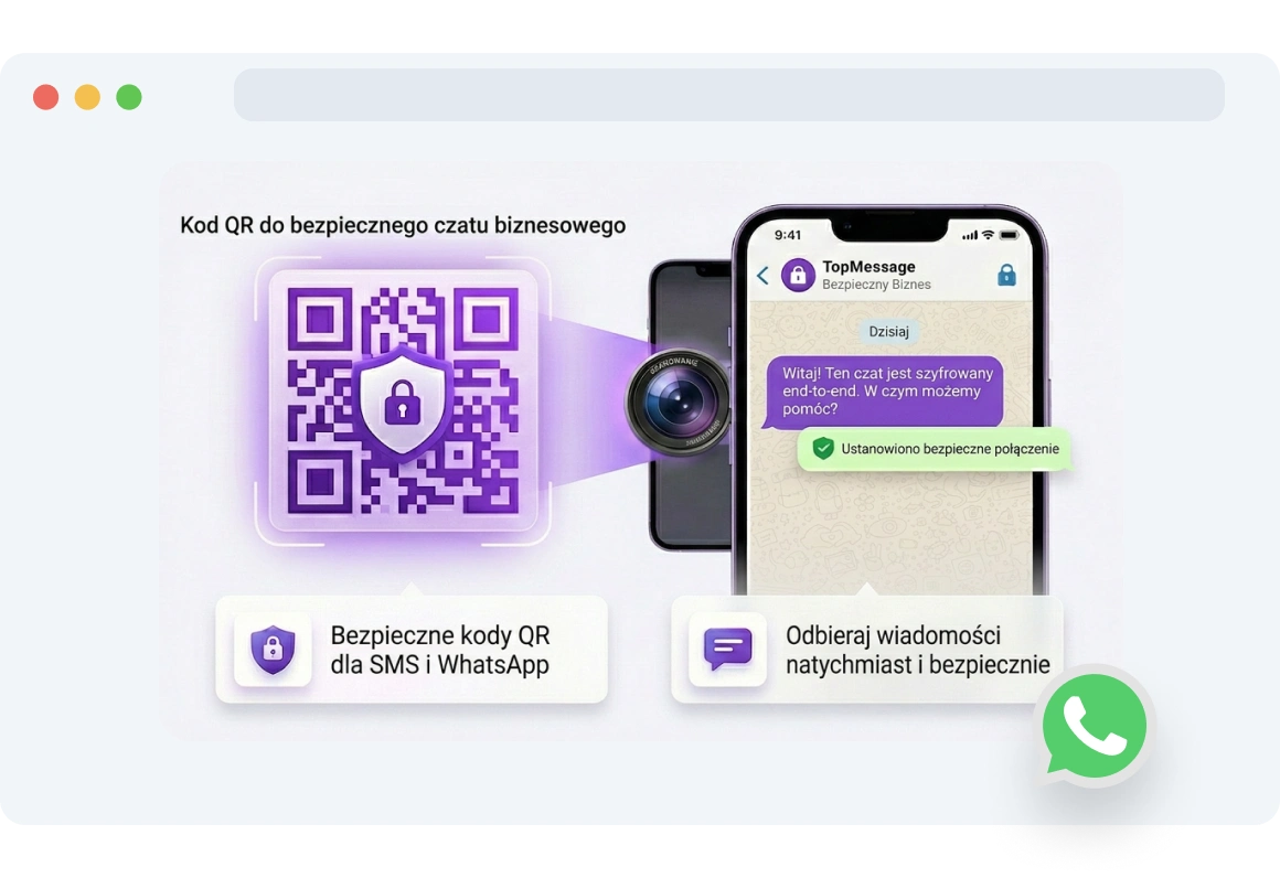 Smartfon skanujący kod QR WhatsApp TopMessage zakodowany z numerem biznesowym.