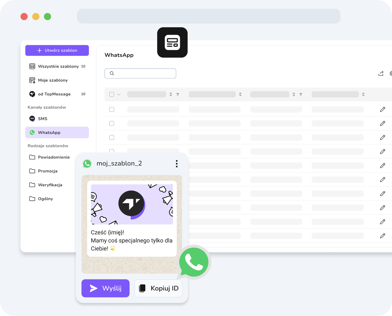 Zunifikowany panel TopMessage wyświetlający szablony WhatsApp i SMS, co pozwala na usprawnienie zarządzania komunikacją.