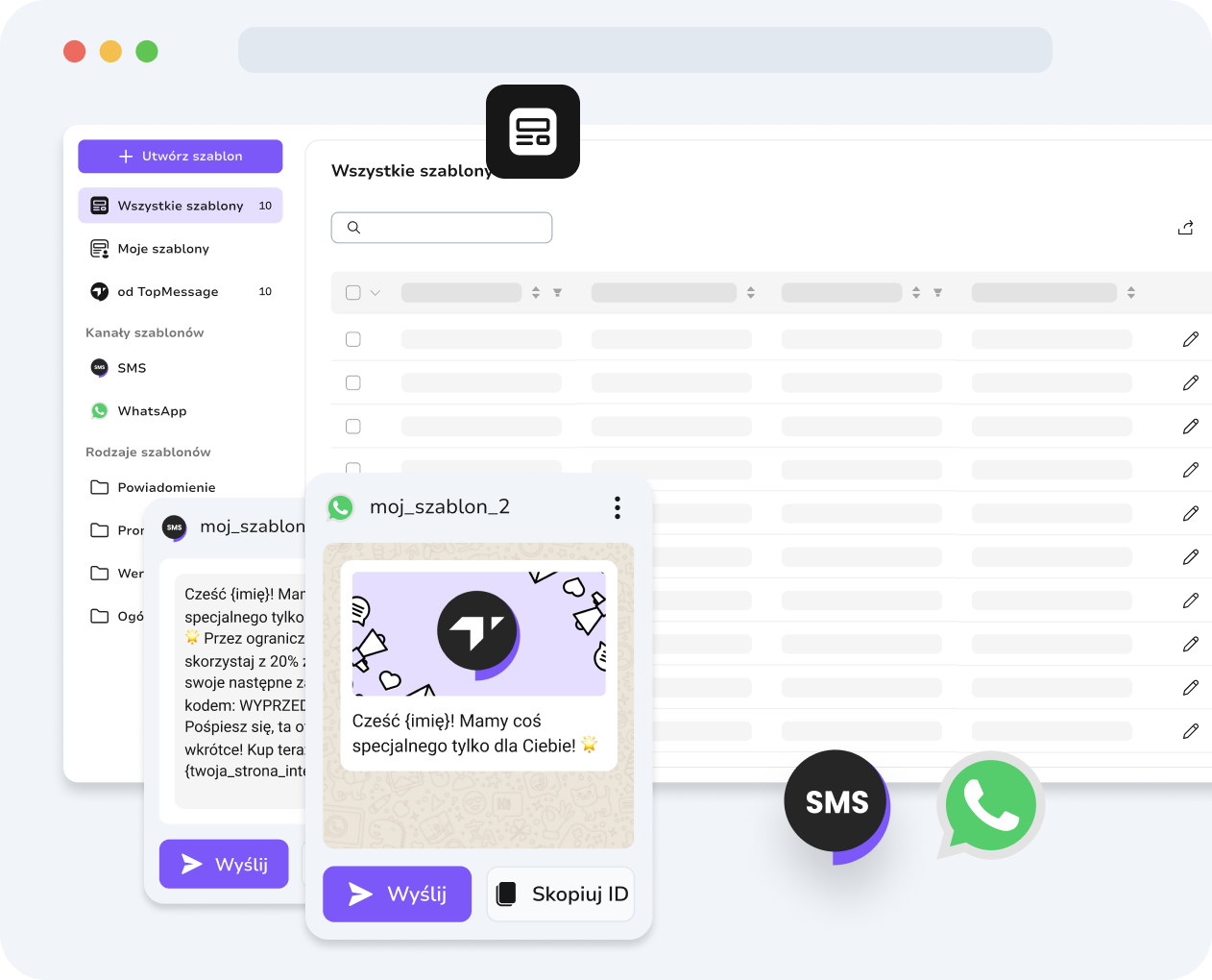 Zunifikowany panel TopMessage, prezentujący szablony wiadomości WhatsApp i SMS, umożliwiający usprawnione zarządzanie komunikacją