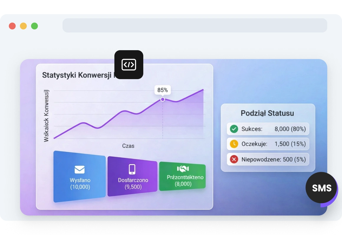 Zrzut ekranu panelu TopMessage wyświetlający statystyki konwersji kodów SMS, w tym wskaźniki sukcesu, wydajność doręczeń i przyczyny niepowodzeń.