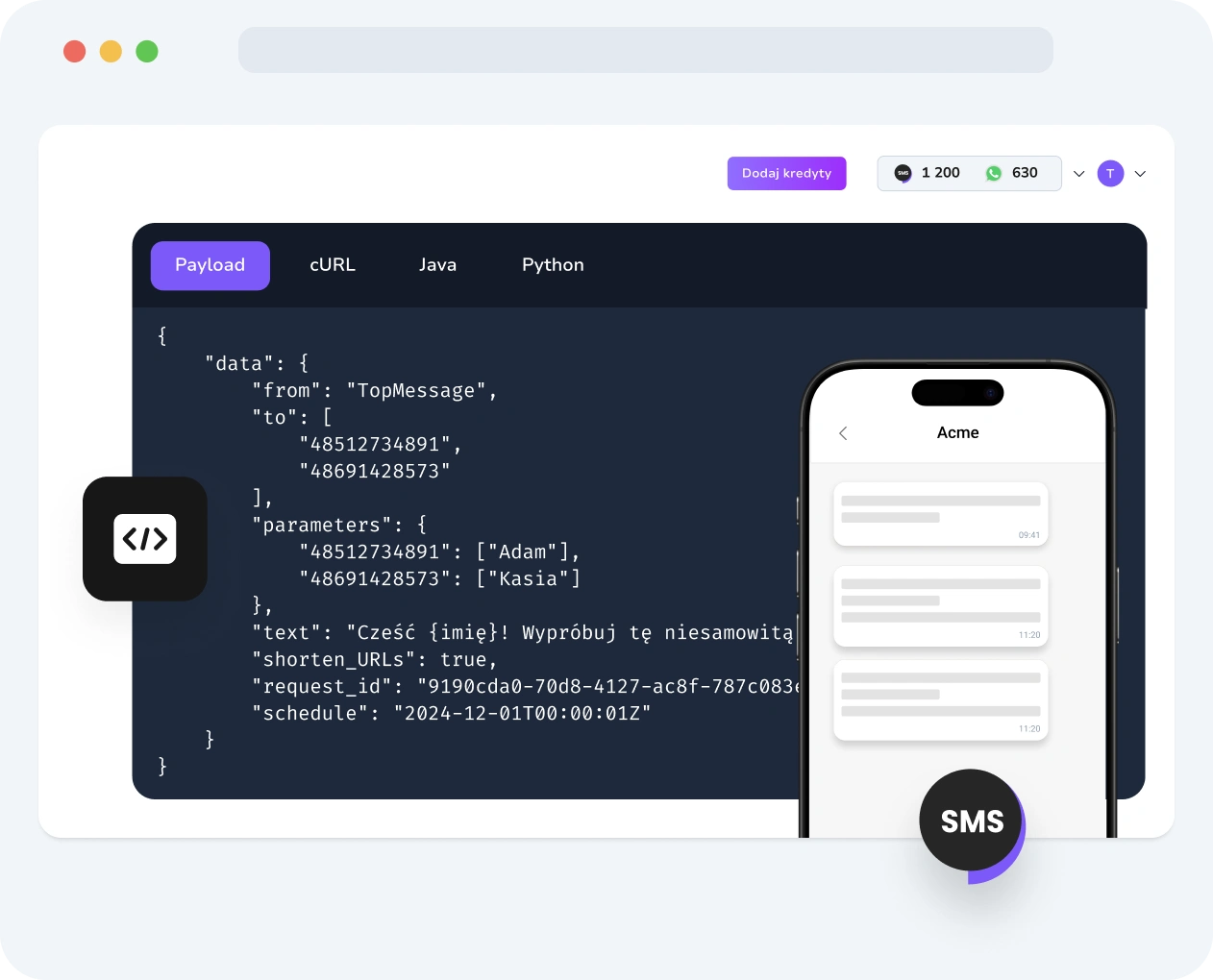 Zrzut ekranu panelu TopMessage pokazujący żądania SMS Verify API, harmonogramy doręczeń kodów i wyniki weryfikacji w czasie rzeczywistym.
