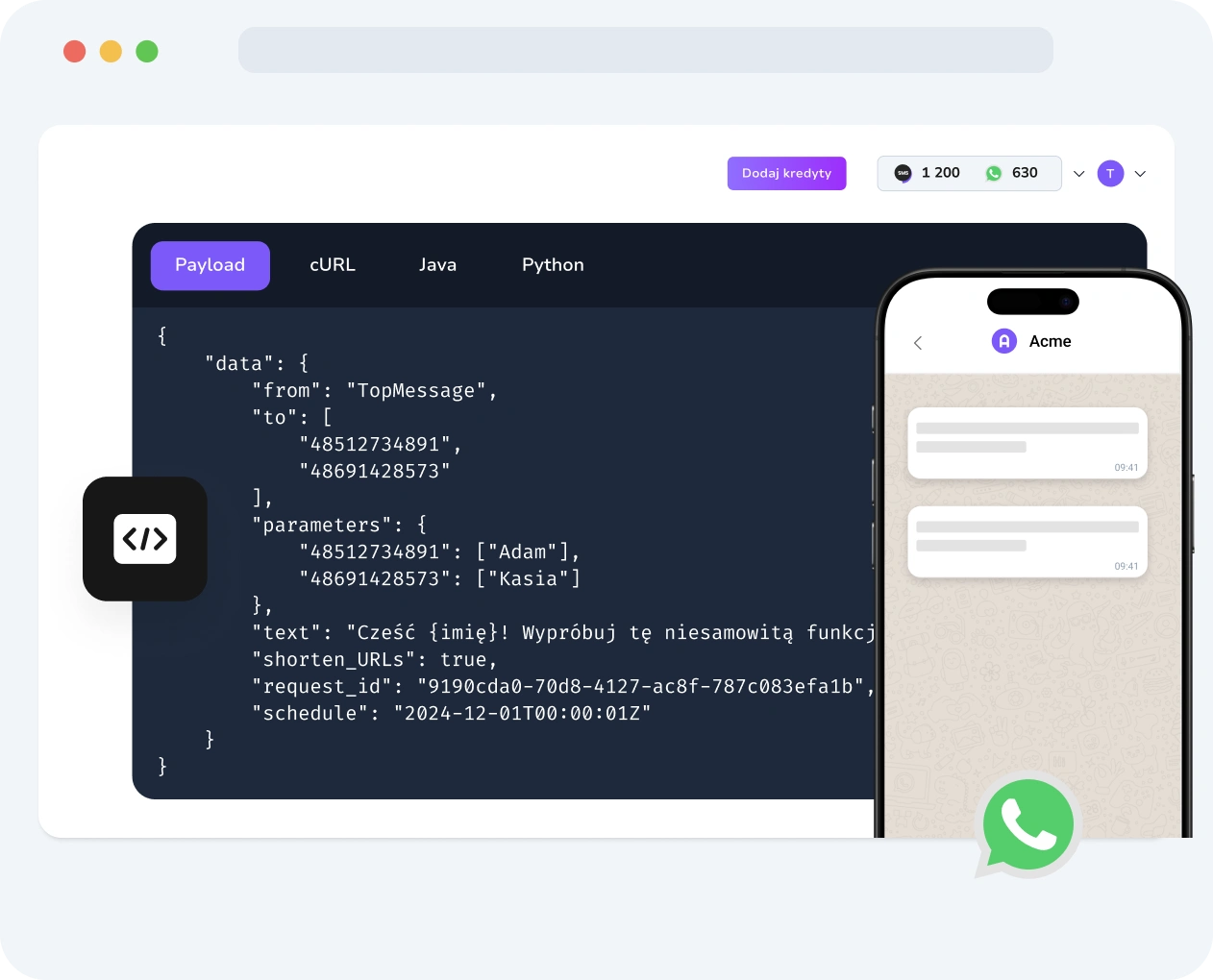 Zrzut ekranu panelu TopMessage pokazujący aktywność WhatsApp Verify API, w tym logi doręczeń kodów, wskaźniki sukcesu i szczegóły przepływu wiadomości.