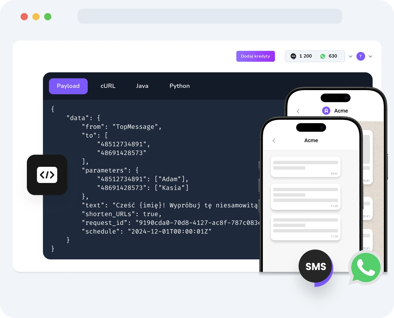 Zrzut ekranu interfejsu TopMessage wyświetlający aktywność Verify API, w tym statusy weryfikacji, wyniki doręczeń i wydajność walidacji kodów.