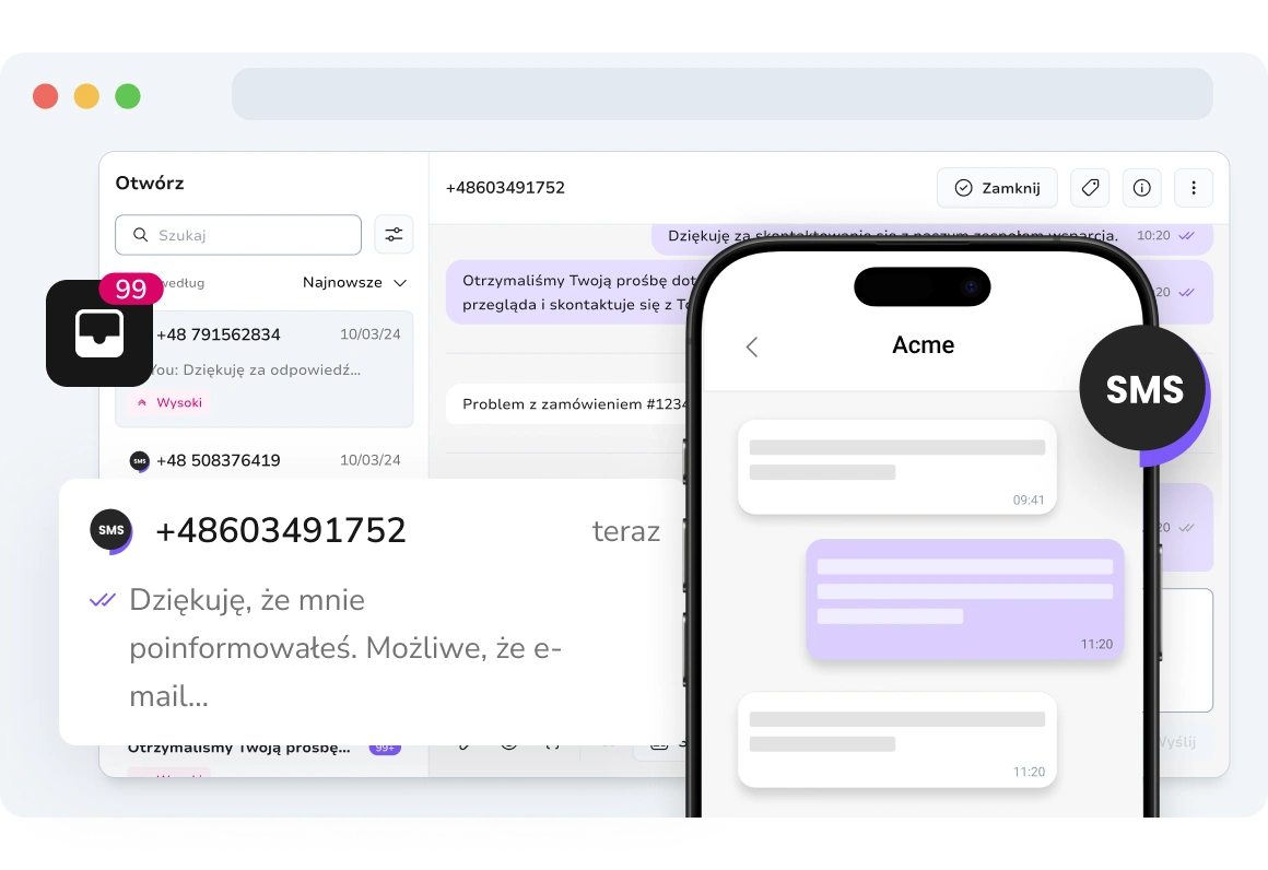 Zrzut ekranu użytkownika wchodzącego w interakcję z dwukierunkowymi wiadomościami SMS za pomocą wirtualnego numeru TopMessage