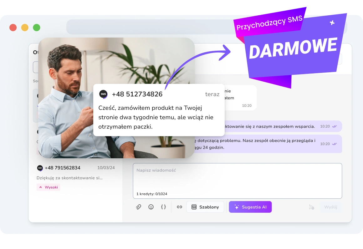 Zrzut ekranu pokazujący funkcję darmowych przychodzących SMS-ów w TopMessage