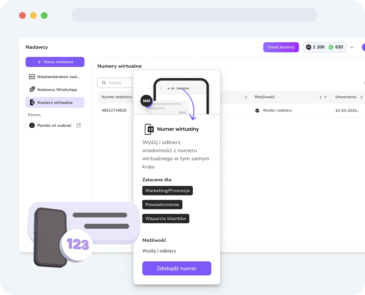 Zrzut ekranu interfejsu wirtualnych numerów SMS TopMessage.