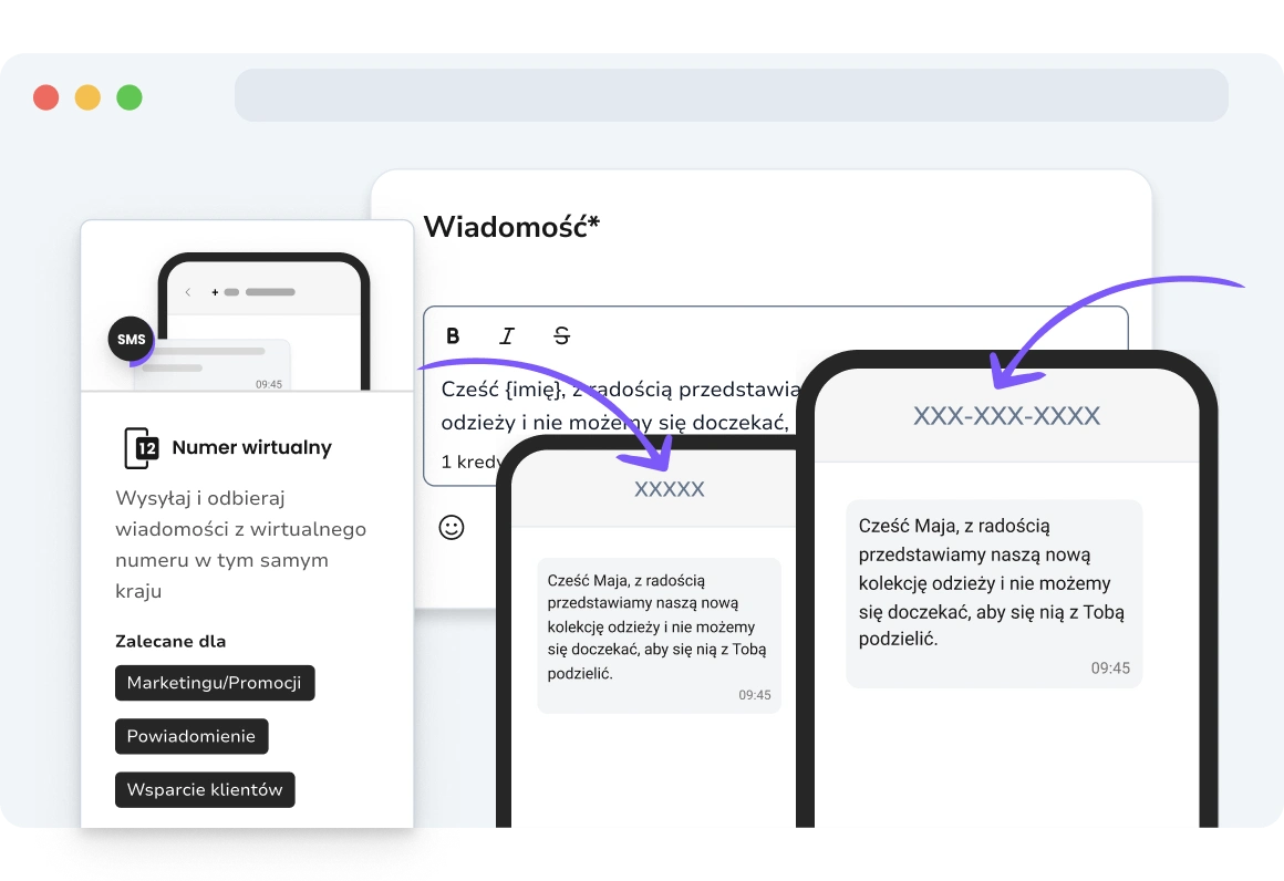 Zrzut ekranu strony TopMessage pokazujący długie i krótkie numery do komunikacji SMS.