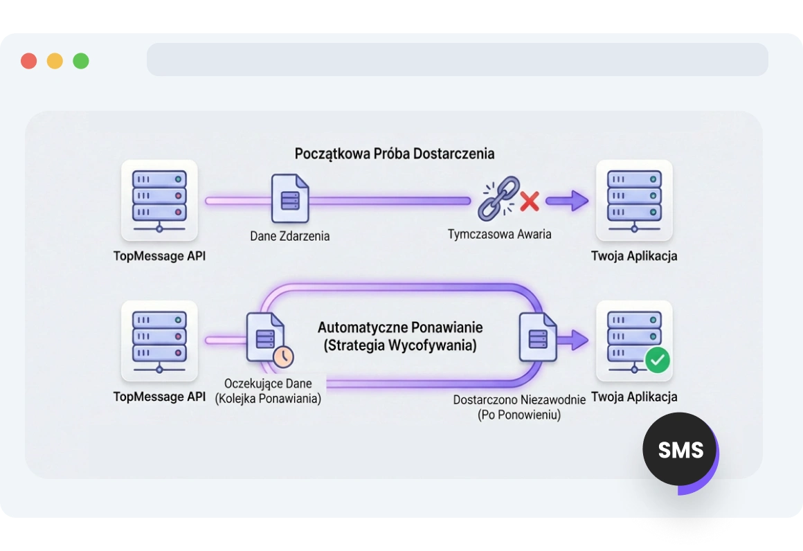 Diagram ilustrujący automatyczne ponawianie przez TopMessage nieudanych powiadomień webhook SMS podczas awarii sieci lub serwera.