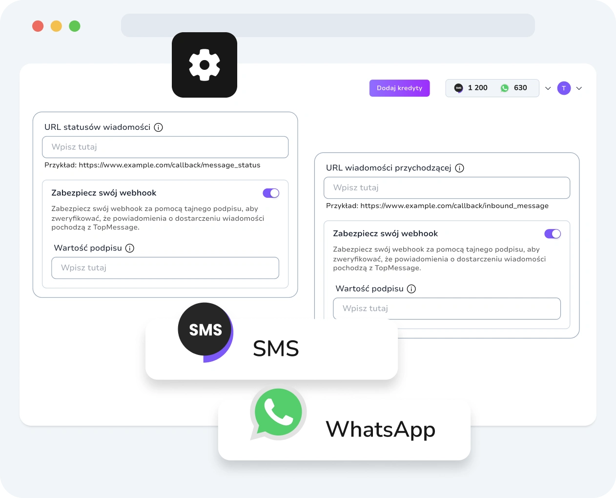 Zrzut ekranu interfejsu TopMessage wyświetlający tworzenie i konfigurację webhooków wraz z metrykami wydajności.
